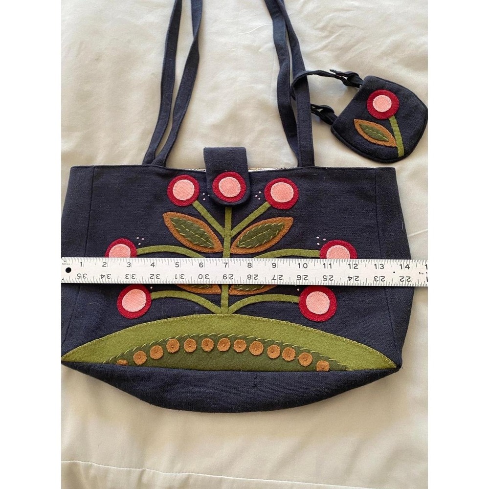 Black Embroidered Felt Tote Bag Matching Coin Purse Handmade Purse No Tags s8a